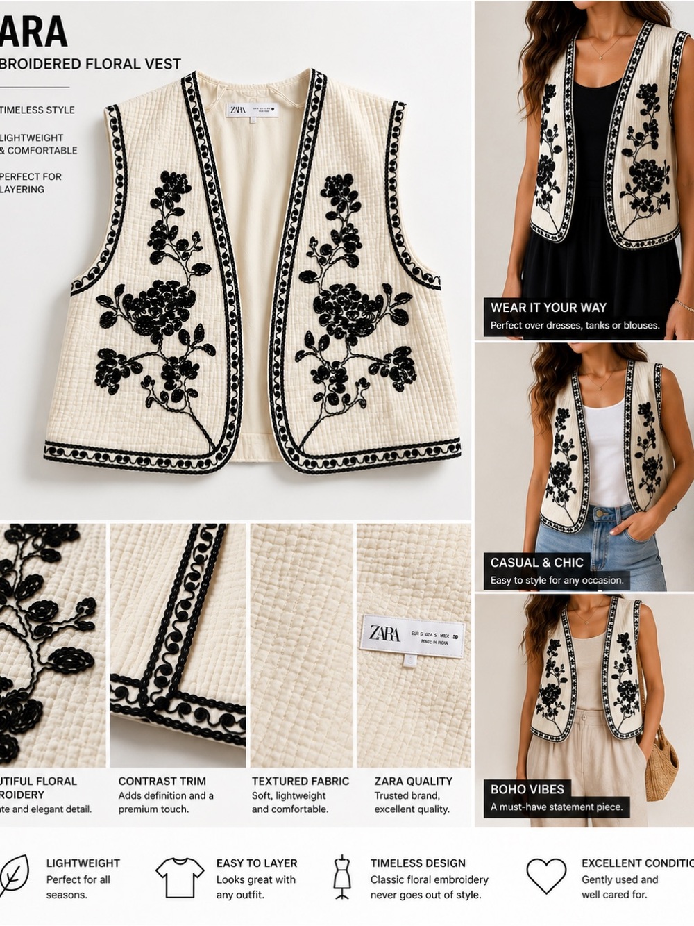 Zara Cream Embroidered Floral Vest with Black Trim